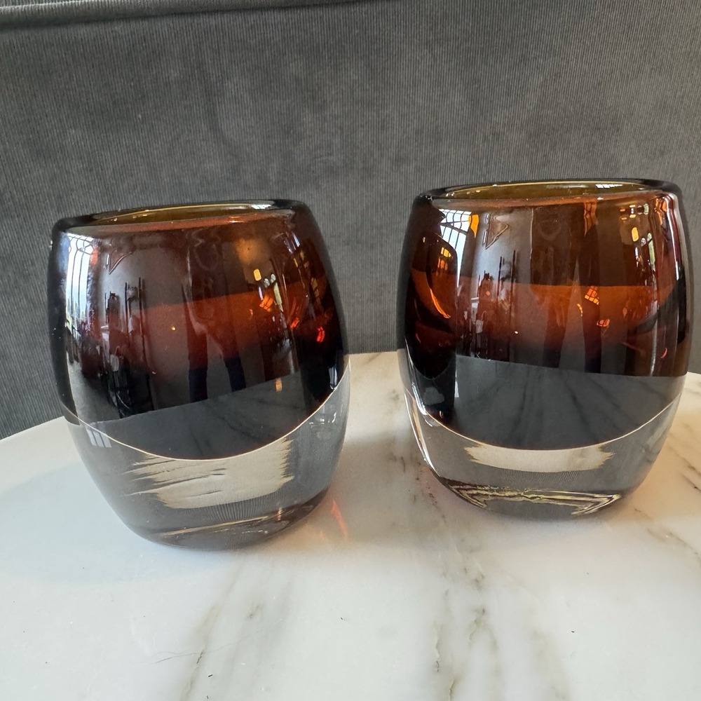 Crate Barrel Diva Pair Of Amber Glass Votive Candle Holders - Picture 2 of 6